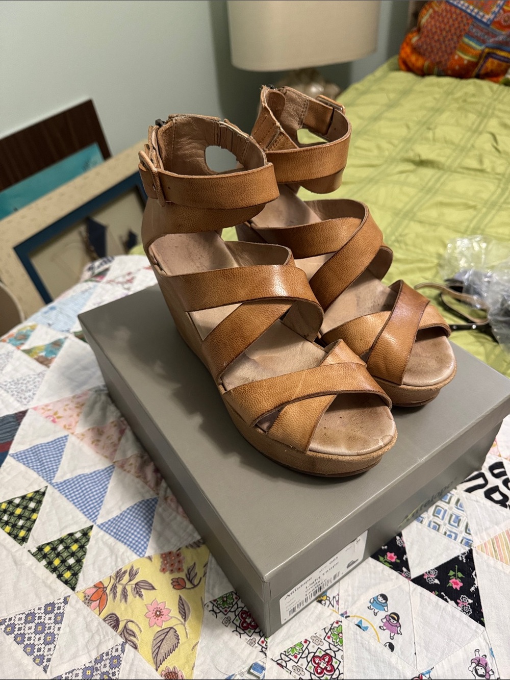 Antelope Brown Leather Crisscross Wedge Sandals with Ankle Buckle